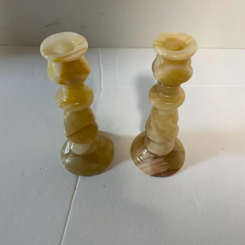 Vintage Banded Onyx Marble Candlestick Holders Set of 2 - 6” Tall